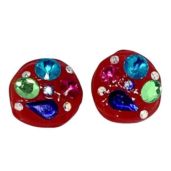 VTG Don Lin Pink Rhinestone Statement Earrings Lucite 80s Pop Art - Picture 1 of 13